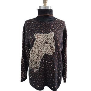 Vtg 90s  Cheetah Sweater by Basic Editions XL Brown Turtleneck Sweater Cat Lady